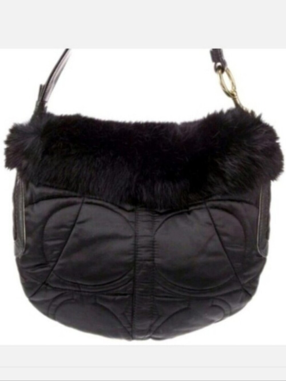 COACH Black Rabbit Fur Trim Satin Quilted Signature Handbag With Hangtag